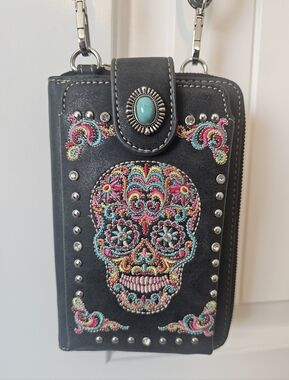 Embroidered Sugar Skull Crossbody Wallet